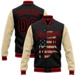Customizable Black Red Spartan Logo Vintage USA Flag 3D Pattern Bomber Varsity Jacket with Name and Number Personalized Black