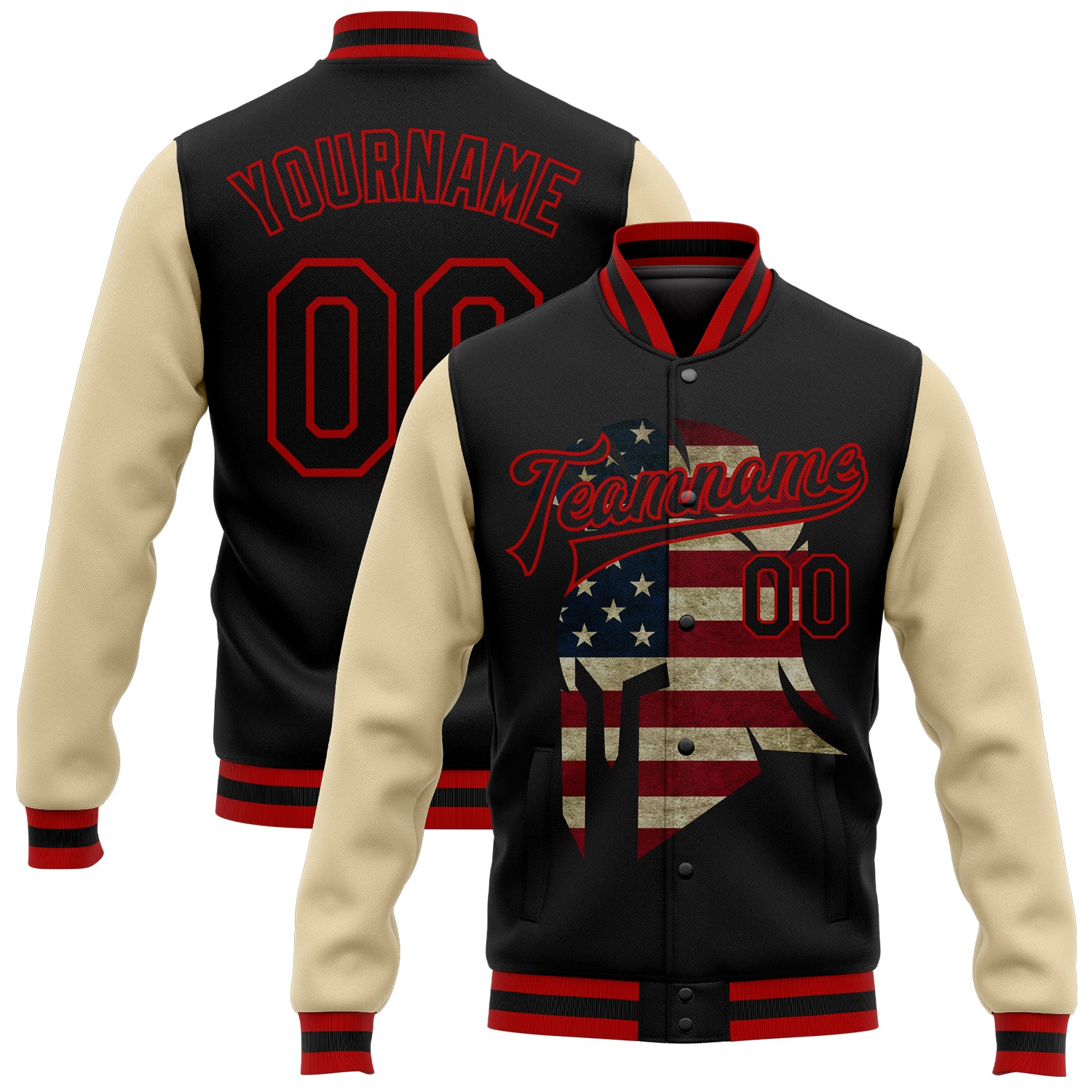Customizable Black Red Spartan Logo Vintage USA Flag 3D Pattern Bomber Varsity Jacket with Name and Number Personalized Black
