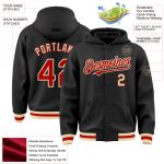 Custom Name and Number Personalized Bomber Hoodie Jacket in Black, Red, Cream - Varsity Letterman Full-Snap Design Personalized