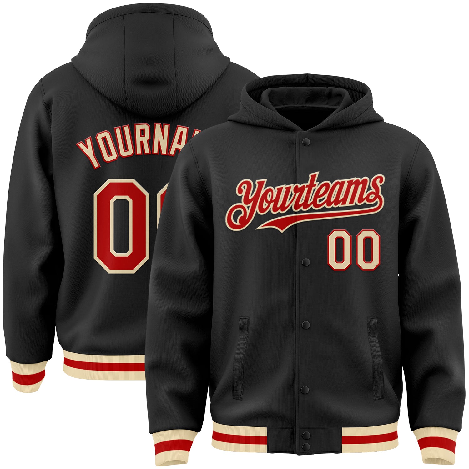 Custom Name and Number Personalized Bomber Hoodie Jacket in Black, Red, Cream - Varsity Letterman Full-Snap Design Personalized