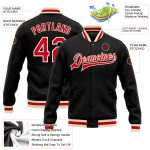Personalized Black Red Cream Varsity Letterman Bomber Jacket Full-Snap Personalized Black Red-Cream Bomber Full-Snap Varsity