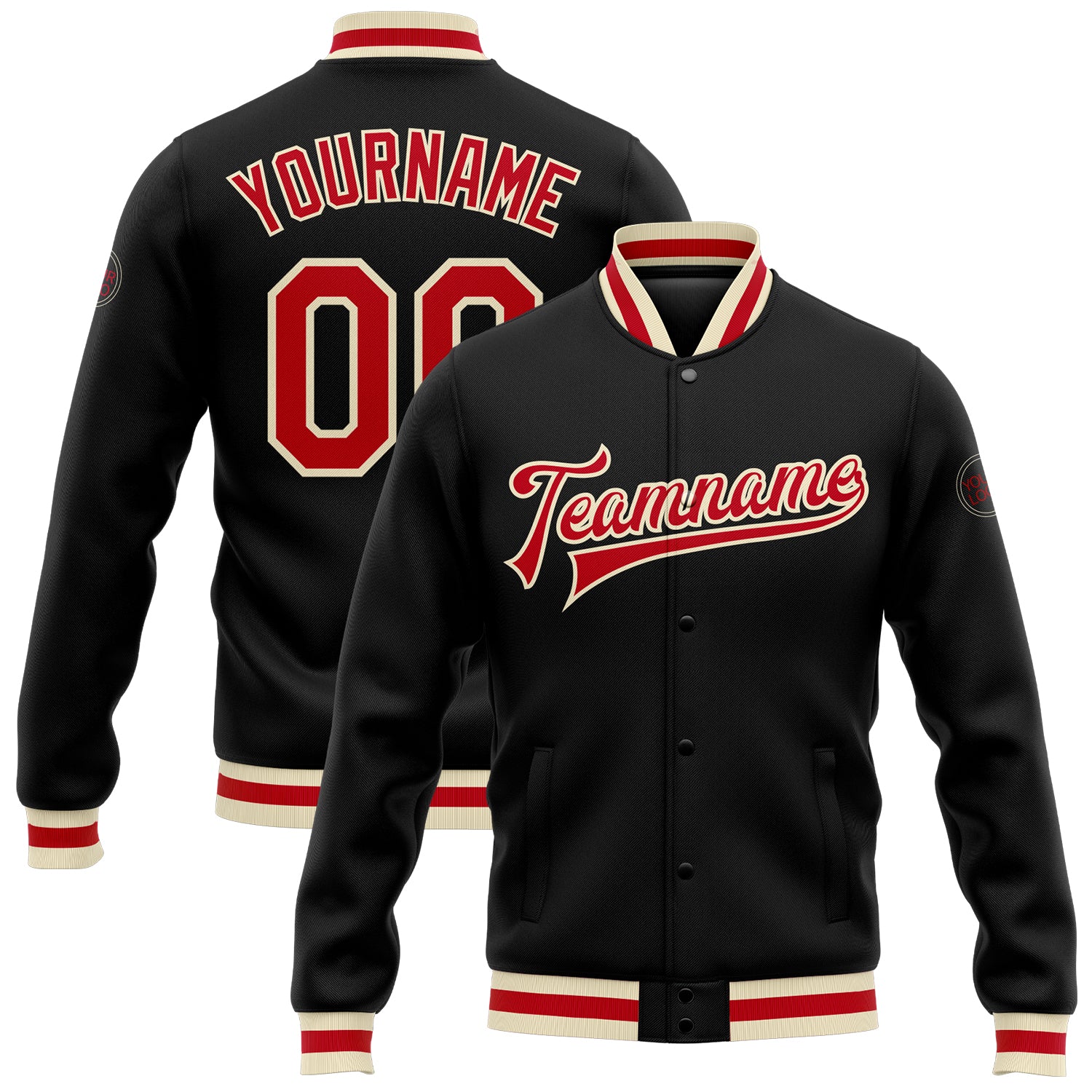 Personalized Black Red Cream Varsity Letterman Bomber Jacket Full-Snap Personalized Black Red-Cream Bomber Full-Snap Varsity