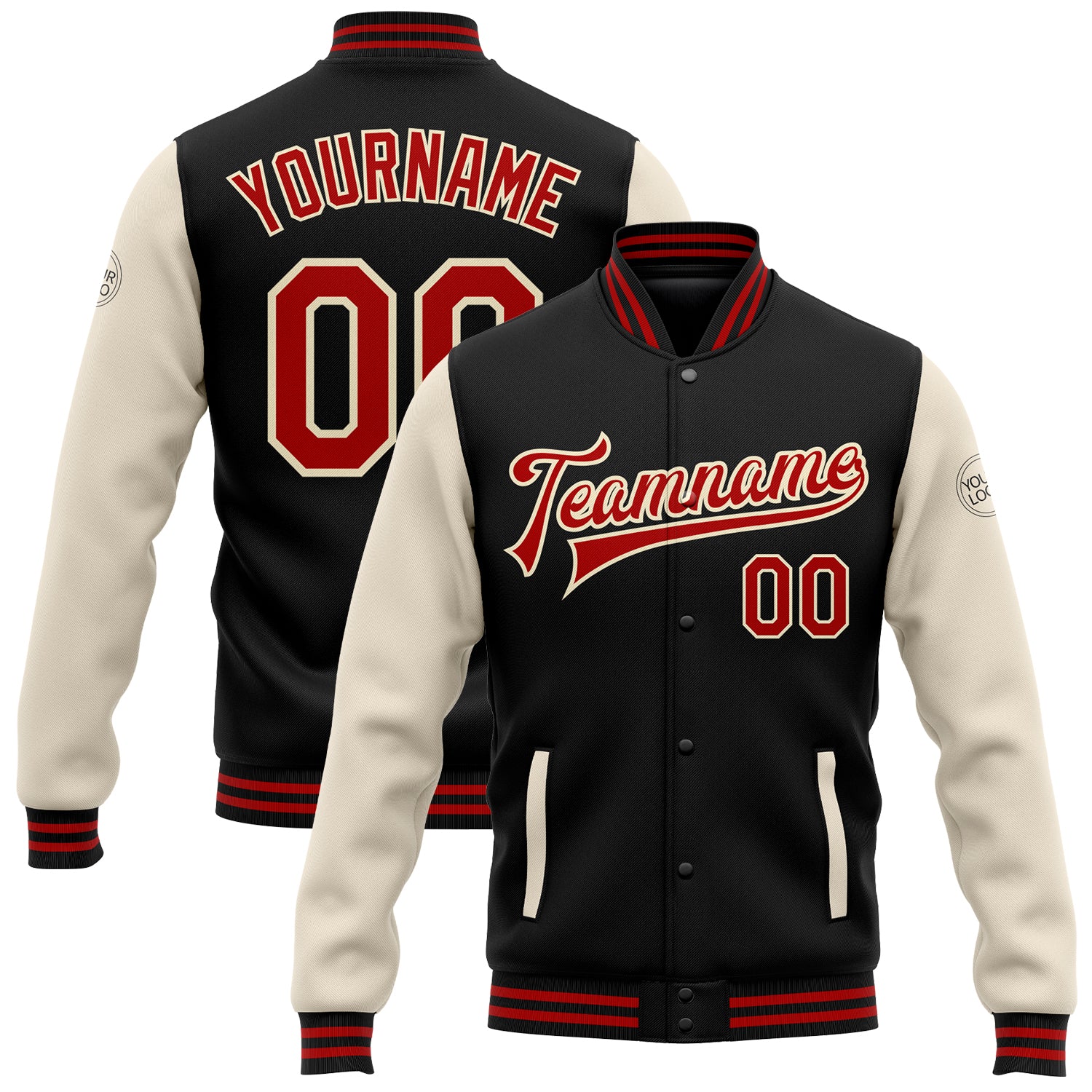 Personalized Bomber Jacket Black Red-Cream Two Tone Full-Snap Varsity Letterman Personalized Black Red-Cream Bomber Full-Snap