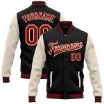 Custom Team Name Number Black Red Cream Two Tone Bomber Varsity Jacket Full-Snap Letterman Personalized Black Red-Cream Bomber