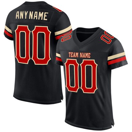 Custom Name Number Personalized Football Jersey - Black Red-Cream Mesh Authentic Team Jersey Personalized Black Red-Cream