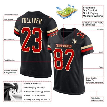 Custom Name Number Personalized Football Jersey - Black Red-Cream Mesh Authentic Team Jersey Personalized Black Red-Cream