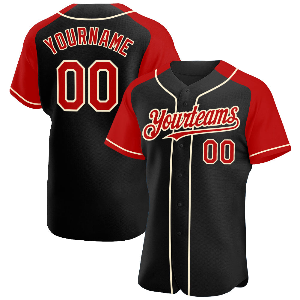 Personalized Baseball Jersey Black Red-Cream Raglan Sleeves for Men and Women Personalized Black Red-Cream Raglan Sleeves