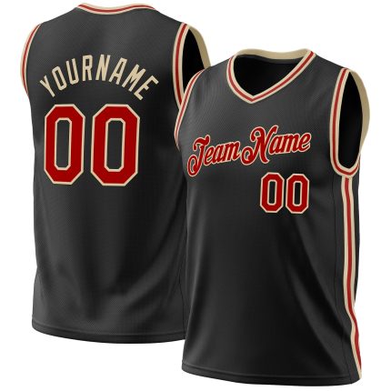 Personalized Black Red Cream Basketball Jersey for Men, Stylish Throwback Design Personalized Black Red-Cream Throwback Basketball