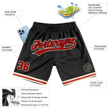 Personalized Throwback Basketball Shorts Red-Cream Black for Men and Women Personalized Black Red-Cream Throwback Basketball