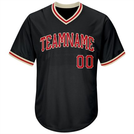 Personalized Black Red Cream Baseball Jersey Shirt - Throwback Rib-Knit Style Personalized Black Red-Cream Throwback Rib-Knit