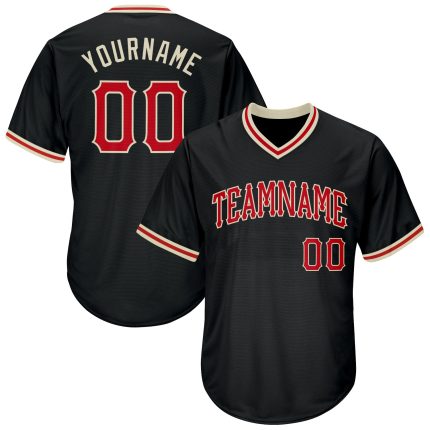 Personalized Black Red Cream Baseball Jersey Shirt - Throwback Rib-Knit Style Personalized Black Red-Cream Throwback Rib-Knit