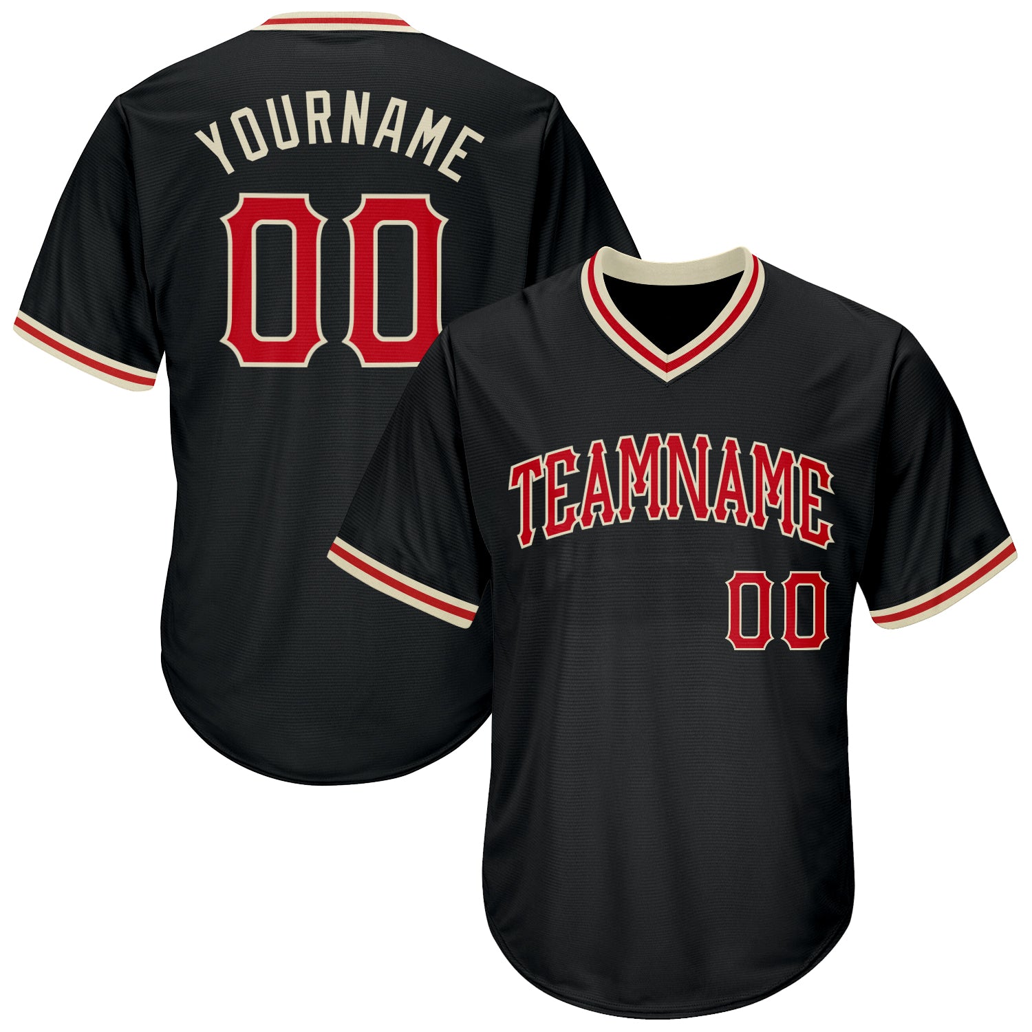 Personalized Black Red Cream Baseball Jersey Shirt - Throwback Rib-Knit Style Personalized Black Red-Cream Throwback Rib-Knit