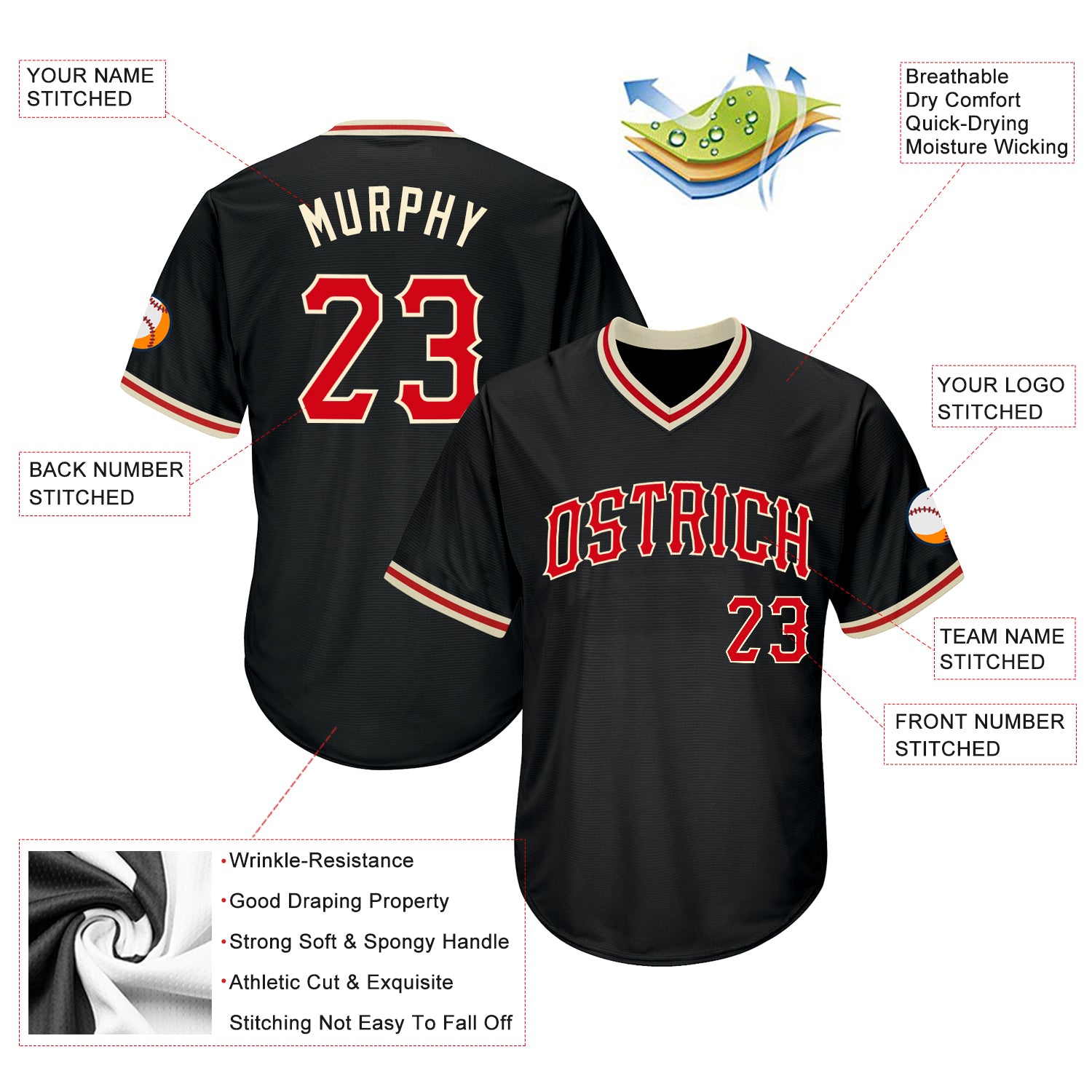 Personalized Black Red Cream Baseball Jersey Shirt - Throwback Rib-Knit Style Personalized Black Red-Cream Throwback Rib-Knit - Image 4