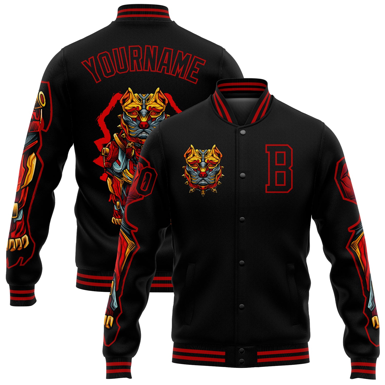 Custom Name Number Bomber Jacket for Dogs - 3D Black Red Varsity Letterman Design, Full-Snap Team Jacket Personalized Black