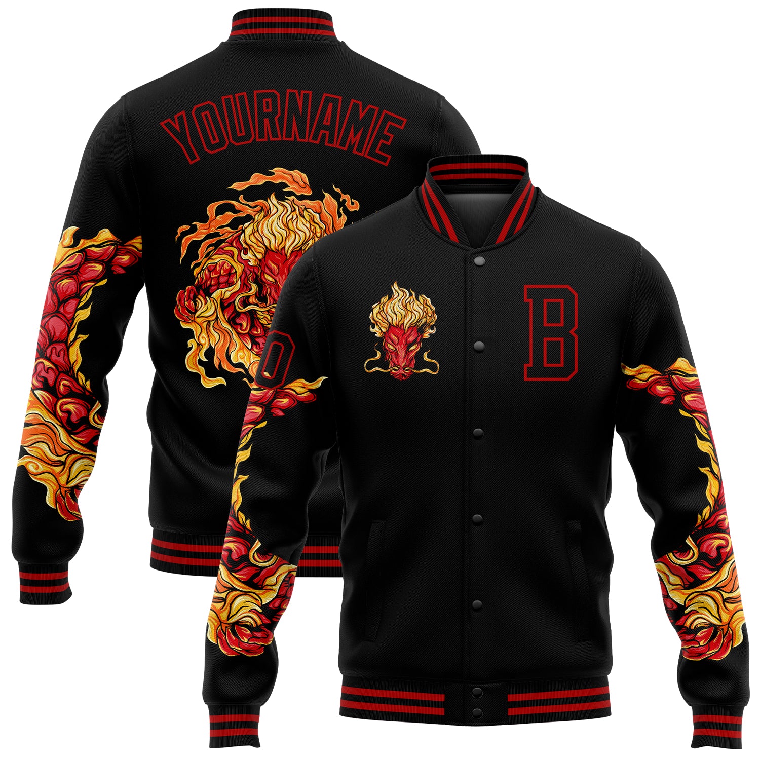 Personalized 3D Bomber Varsity Letterman Jacket Black Red Dragon Design Personalized Black Red Dragon 3D Bomber Full-Snap