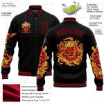 Personalized 3D Bomber Varsity Letterman Jacket Black Red Dragon Design Personalized Black Red Dragon 3D Bomber Full-Snap