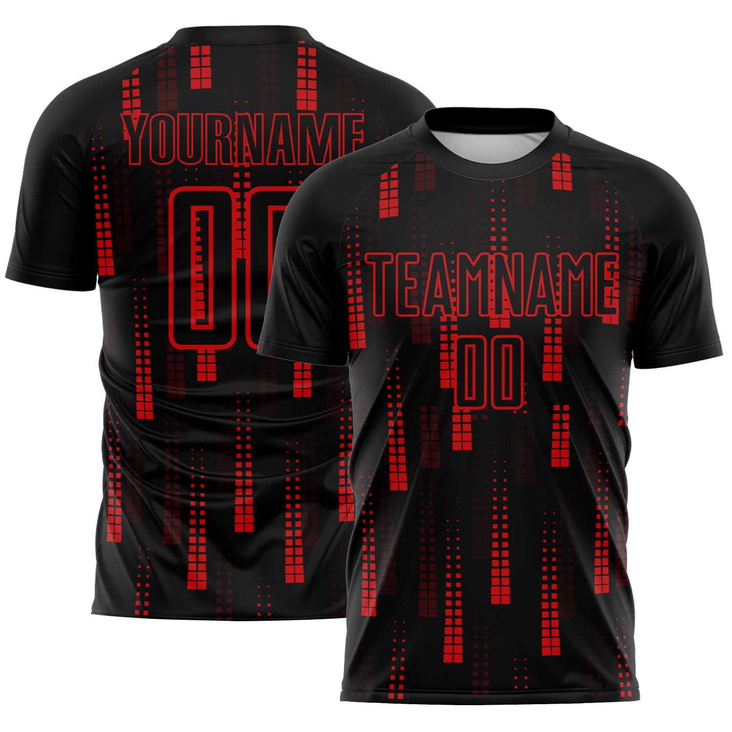 Personalized Geometric Black Red Soccer Jersey Uniform - Custom Sublimation Design Personalized Black Red Geometric Shapes