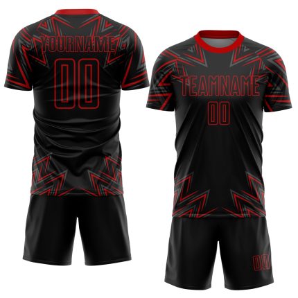 Custom Name and Number Soccer Jersey with Personalized Black Red Geometric Design - Sublimation Uniform Personalized Black