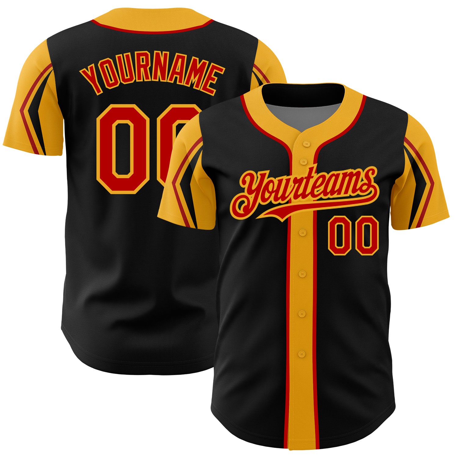 Personalized Black Red Gold Baseball Jersey in 3 Colors - Arm Shapes Design Personalized Black Red-Gold 3 Colors Arm Shapes