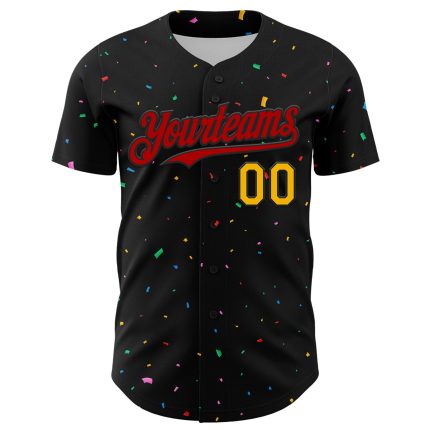 Personalized 3D Confetti Baseball Jersey in Black and Red-Gold for Men and Women Personalized Black Red-Gold 3D Confetti