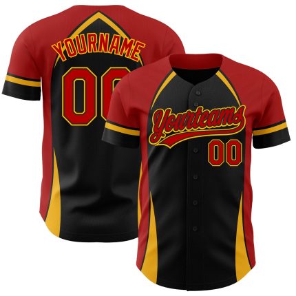 Custom 3D Curve Solid Baseball Jersey in Black Red-Gold - Personalized Team Apparel Personalized Black Red-Gold 3D Curve