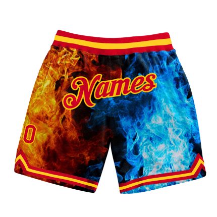 Personalized 3D Flame Basketball Shorts in Black and Red-Gold for Men, Custom Athleticwear Personalized Black Red-Gold 3D