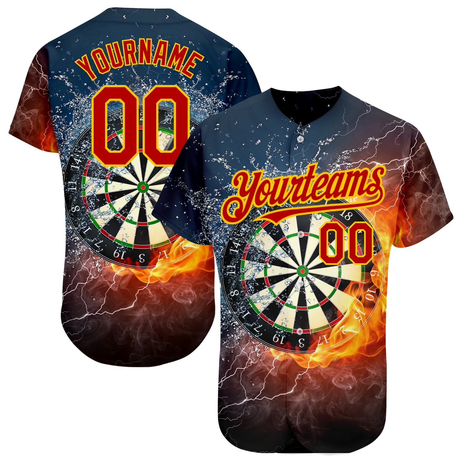 Custom Black Red-Gold 3D Flame Baseball Jersey for Dart Board Fans Personalized Black Red-Gold 3D Flame Dart Board Baseball