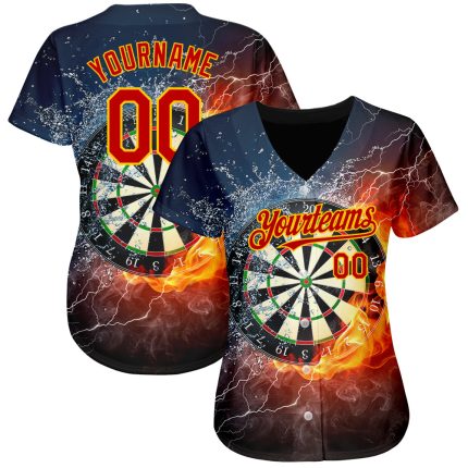 Custom Black Red-Gold 3D Flame Baseball Jersey for Dart Board Fans Personalized Black Red-Gold 3D Flame Dart Board Baseball