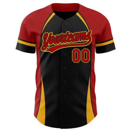 Custom Name and Number Authentic Baseball Jersey - Personalized Black Red-Gold 3D Pattern Design Personalized Black Red-Gold