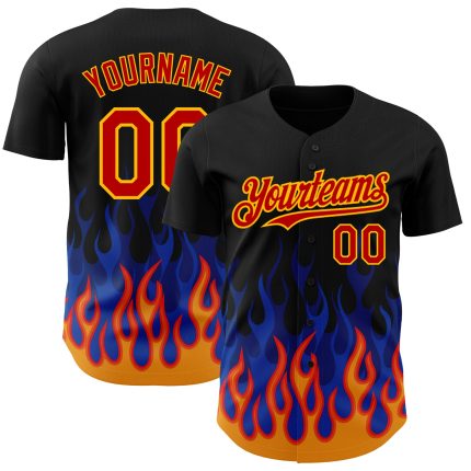 Personalized Black Red Gold 3D Flame Design Baseball Jersey Custom Name Number Authentic Team Apparel Personalized Black