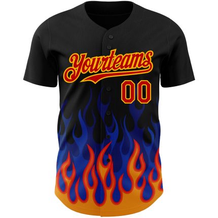 Personalized Black Red Gold 3D Flame Design Baseball Jersey Custom Name Number Authentic Team Apparel Personalized Black