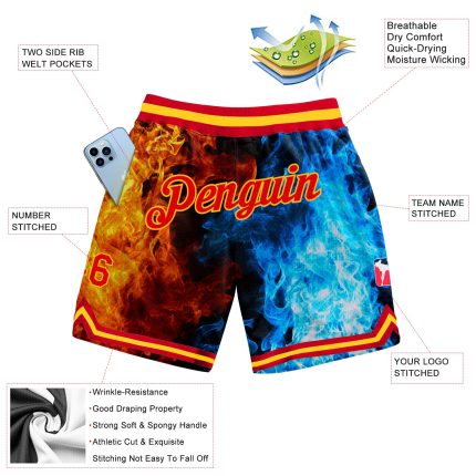 Customizable Flame Design Basketball Shorts with Name & Number - Black Red-Gold 3D Pattern Personalized Black Red-Gold 3D