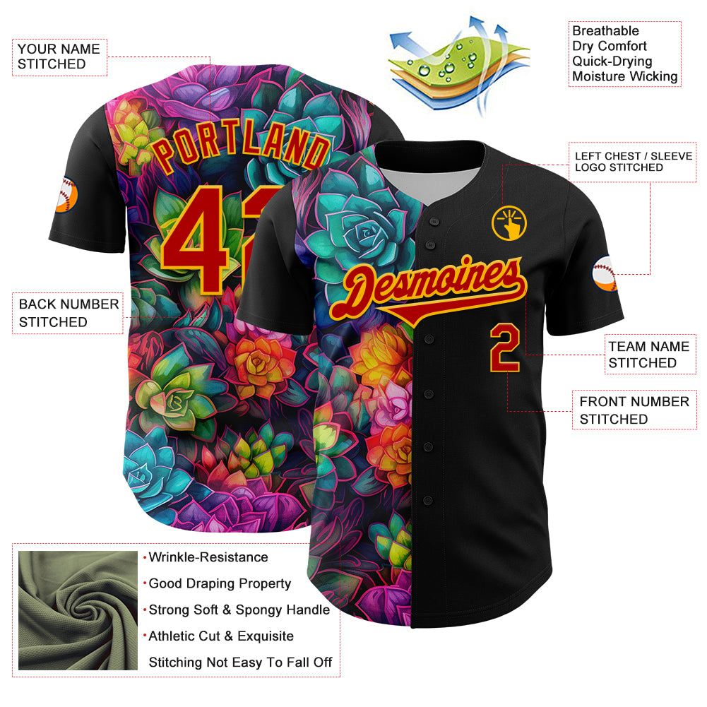 Custom 3D Rave Flower Baseball Jersey in Black Red-Gold for Unique Style Personalized Black Red-Gold 3D Rave Flower Baseball - Image 3