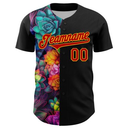 Custom 3D Rave Flower Baseball Jersey in Black Red-Gold for Unique Style Personalized Black Red-Gold 3D Rave Flower Baseball