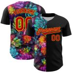 Custom 3D Rave Flower Baseball Jersey in Black Red-Gold for Unique Style Personalized Black Red-Gold 3D Rave Flower Baseball