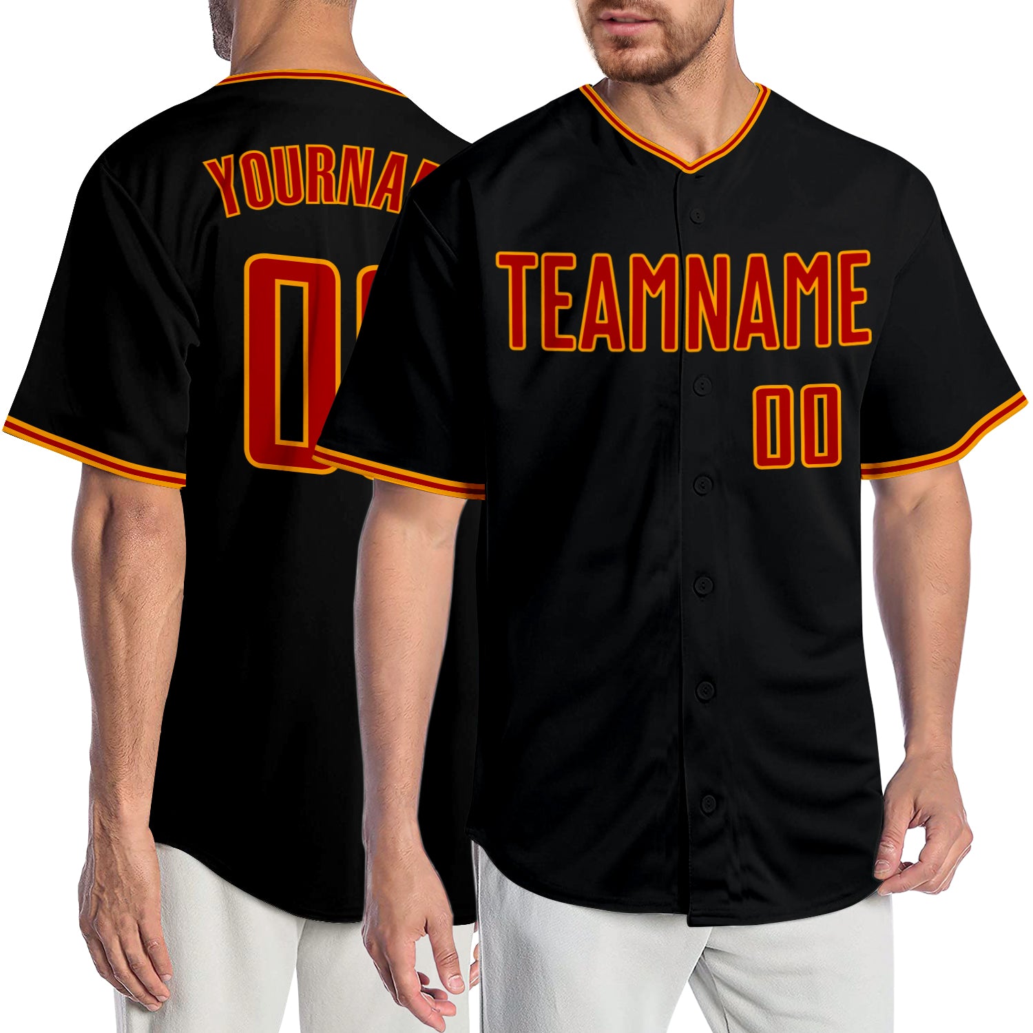 Personalized Black Red Gold Baseball Jersey for Men and Women - Customizable Team Apparel Personalized Black Red-Gold Baseball