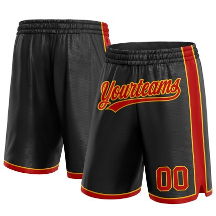 Personalized Basketball Shorts in Black Red-Gold Color for Men, Custom Sportswear Personalized Black Red-Gold Basketball
