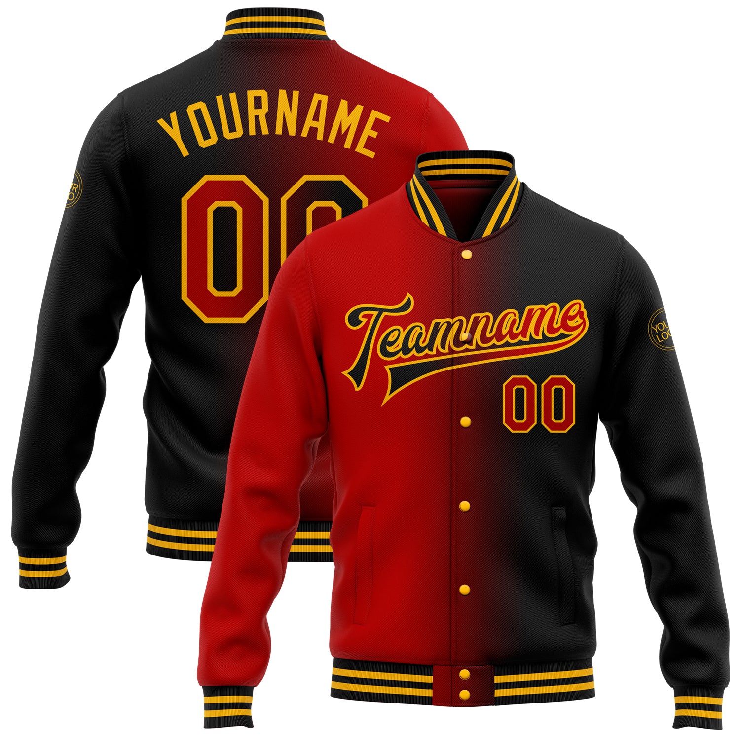 Personalized Black Red Gold Gradient Varsity Letterman Full-Snap Bomber Jacket Personalized Black Red-Gold Bomber Full-Snap