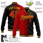 Personalized Black Red Gold Gradient Varsity Letterman Full-Snap Bomber Jacket Personalized Black Red-Gold Bomber Full-Snap