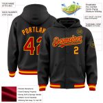 Custom Name Number Black Red-Gold Bomber Varsity Letterman Hoodie Jacket Personalized Team Apparel Personalized Black Red-Gold