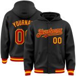 Custom Name Number Black Red-Gold Bomber Varsity Letterman Hoodie Jacket Personalized Team Apparel Personalized Black Red-Gold