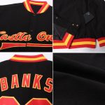 Personalized Black Red Gold Varsity Letterman Bomber Full-Snap Jacket Personalized Black Red-Gold Bomber Full-Snap Varsity
