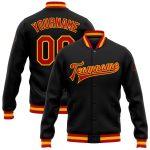 Custom Varsity Letterman Jacket - Personalized Black Red Gold Bomber with Team Name & Number - Full-Snap Design Personalized