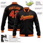 Custom Varsity Letterman Jacket - Personalized Black Red Gold Bomber with Team Name & Number - Full-Snap Design Personalized