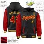 Custom Name Number Two Tone Hoodie Jacket - Personalized Black Red Gold Bomber Full-Snap Varsity Letterman Personalized Black