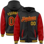 Custom Name Number Two Tone Hoodie Jacket - Personalized Black Red Gold Bomber Full-Snap Varsity Letterman Personalized Black