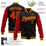 Personalized Varsity Letterman Jacket Black Red-Gold Two Tone Full-Snap Bomber Personalized Black Red-Gold Bomber Full-Snap