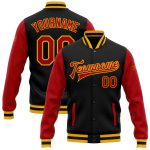 Personalized Varsity Letterman Jacket Black Red-Gold Two Tone Full-Snap Bomber Personalized Black Red-Gold Bomber Full-Snap