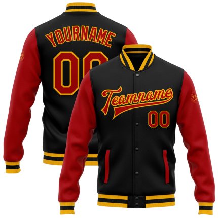 Personalized Varsity Letterman Jacket Black Red-Gold Two Tone Full-Snap Bomber Personalized Black Red-Gold Bomber Full-Snap