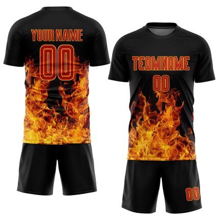 Custom Name Number Personalized Black Red Gold Flame Soccer Jersey Uniform Personalized Black Red-Gold Flame Sublimation